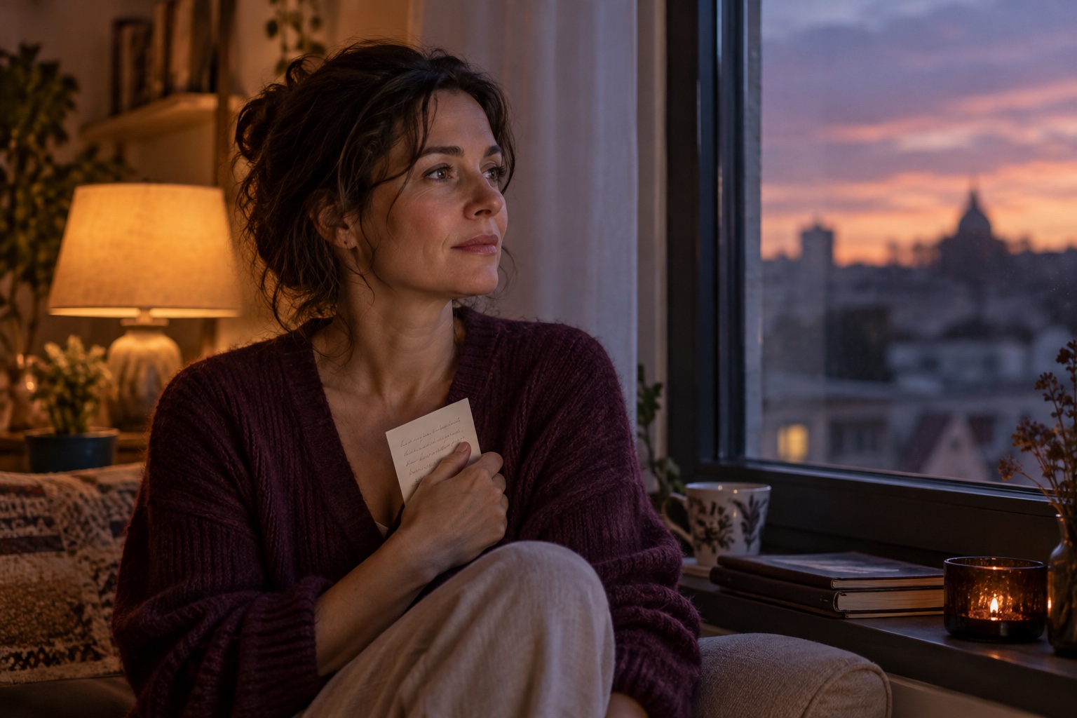 Una mujer contempla una pregunta personal junto a una ventana al atardecer, ilustración editorial